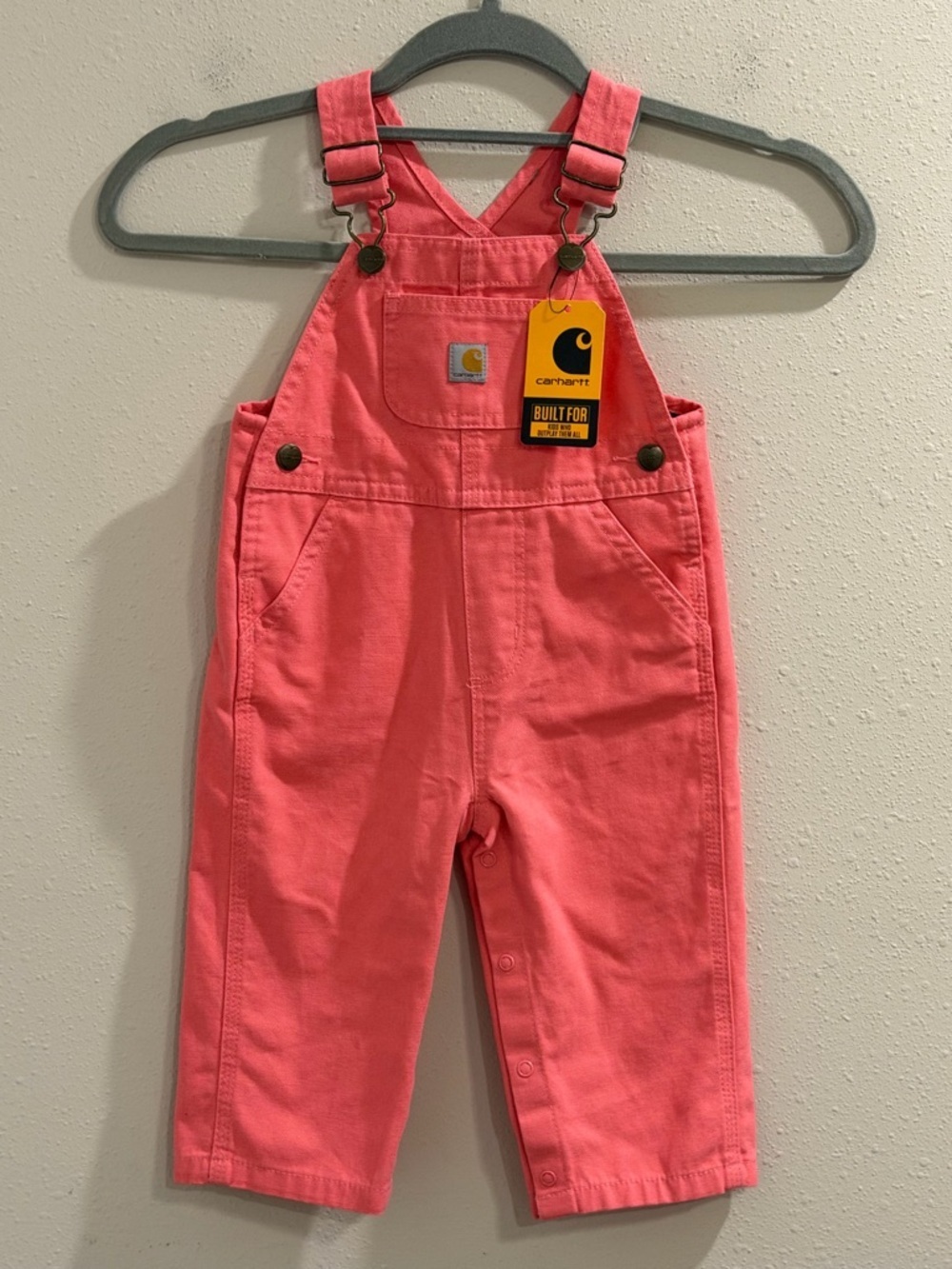 Carhartt NWT Girls’ 12M Pink Lemonade Loose Fit Canvas Bib Overalls Adjustable